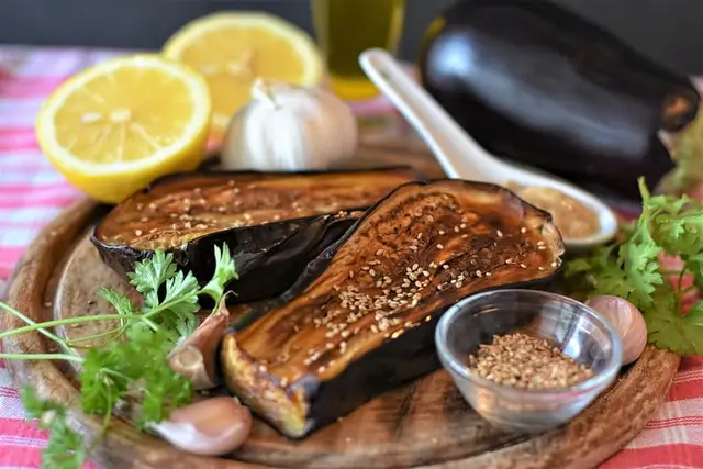 Roasted Aubergine and Tahini Salad with Pomegranate