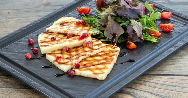 Grilled Halloumi with Charred Courgette, Pomegranate & Walnut Salad