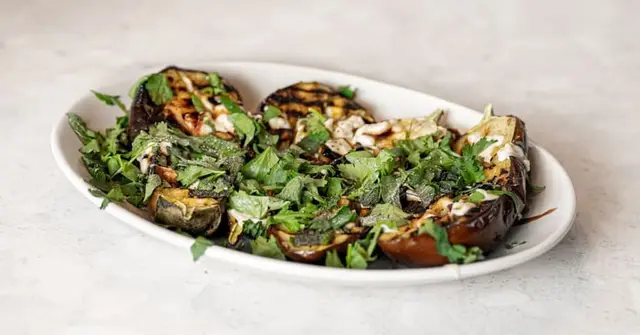 Harissa Roasted Aubergine with Giant Couscous & Tahini Yoghurt