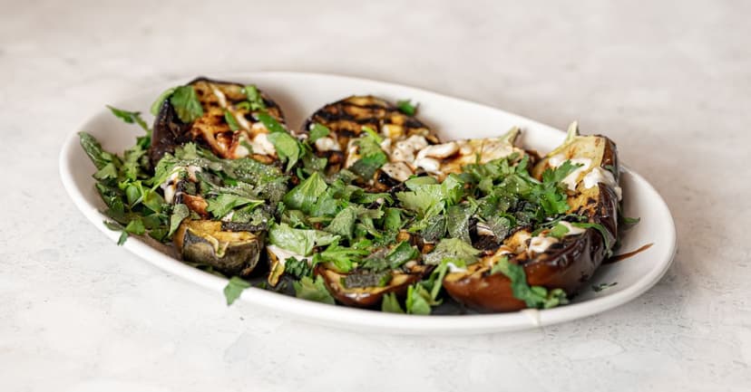 Harissa Roasted Aubergine with Giant Couscous & Tahini Yoghurt