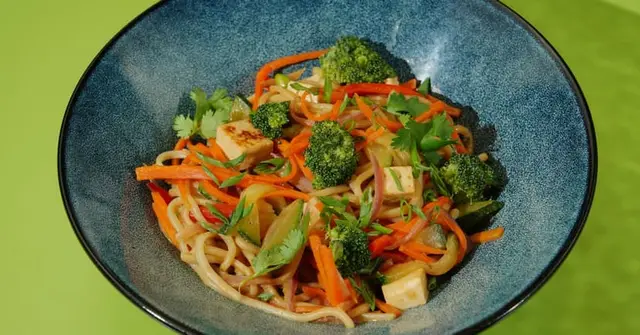 Spicy Peanut Tofu Noodle Salad with Charred Spring Onions