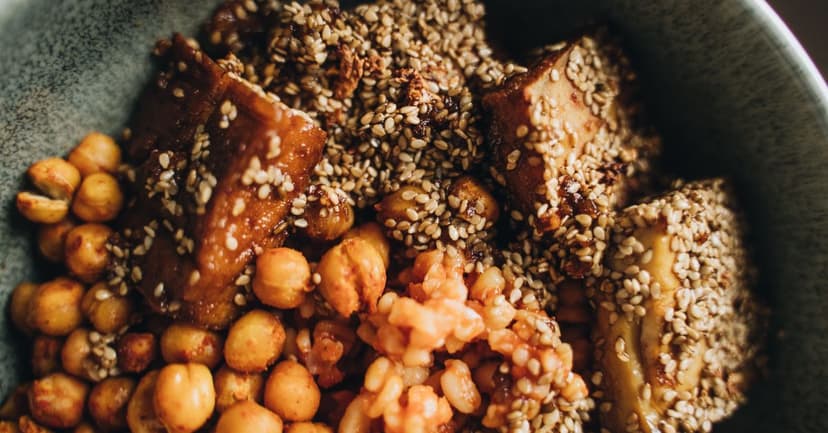 Crispy Baked Tofu & Chickpea Bowl with Lemon-Tahini Dressing