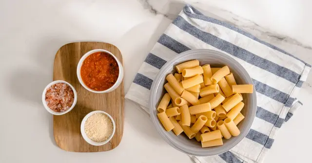 Italian Rigatoni with Roasted Courgette, Lentil Ragรน & Basil Breadcrumbs