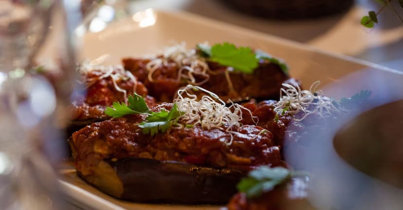 Turkish Stuffed Aubergines (Imam Bayildi) with Herbed Pilaf