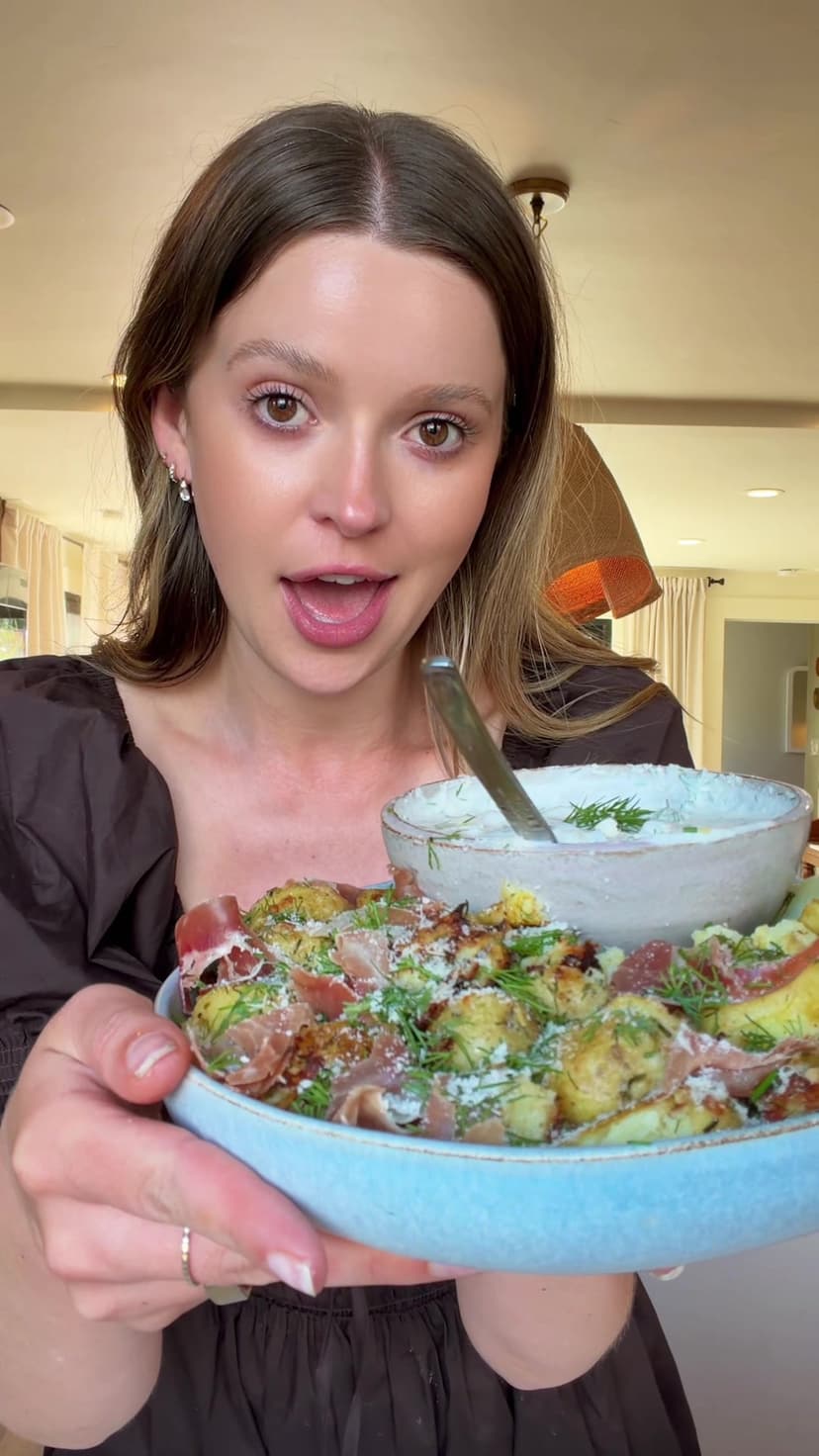 Dill Pickle Smash Potatoes with Pickle Crème Fraîche Dip