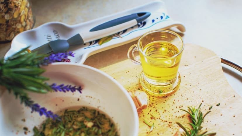 Close-up of herb-infused oil preparation with rosemary and garlic on a wooden board.