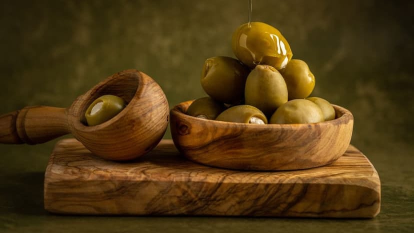 An artistic composition of green olives drizzled with oil in a wooden bowl on a rustic cutting board.