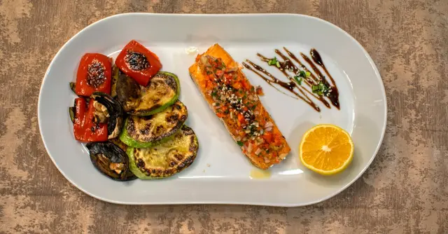 Harissa Glazed Salmon with Herbed Couscous and Roasted Vegetables