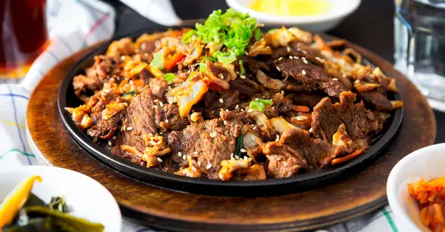 Korean Mushroom Bulgogi with Kimchi Fried Rice and Sesame Vegetables