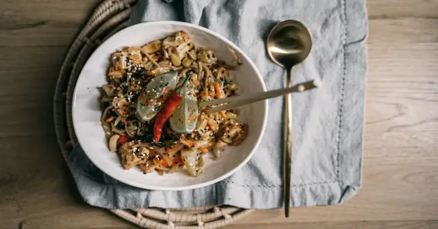 Asian Sesame Noodle Bowl with Crispy Tofu & Pak Choi