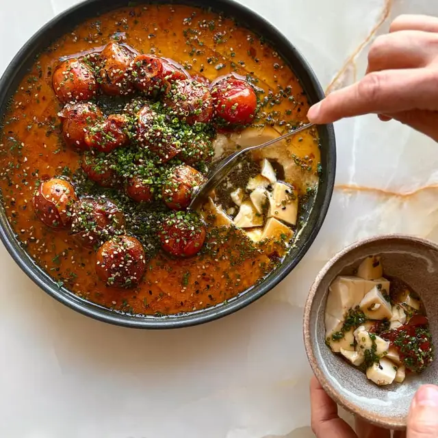 Miso Steamed Eggs with Jammy Tomatoes and Furikake