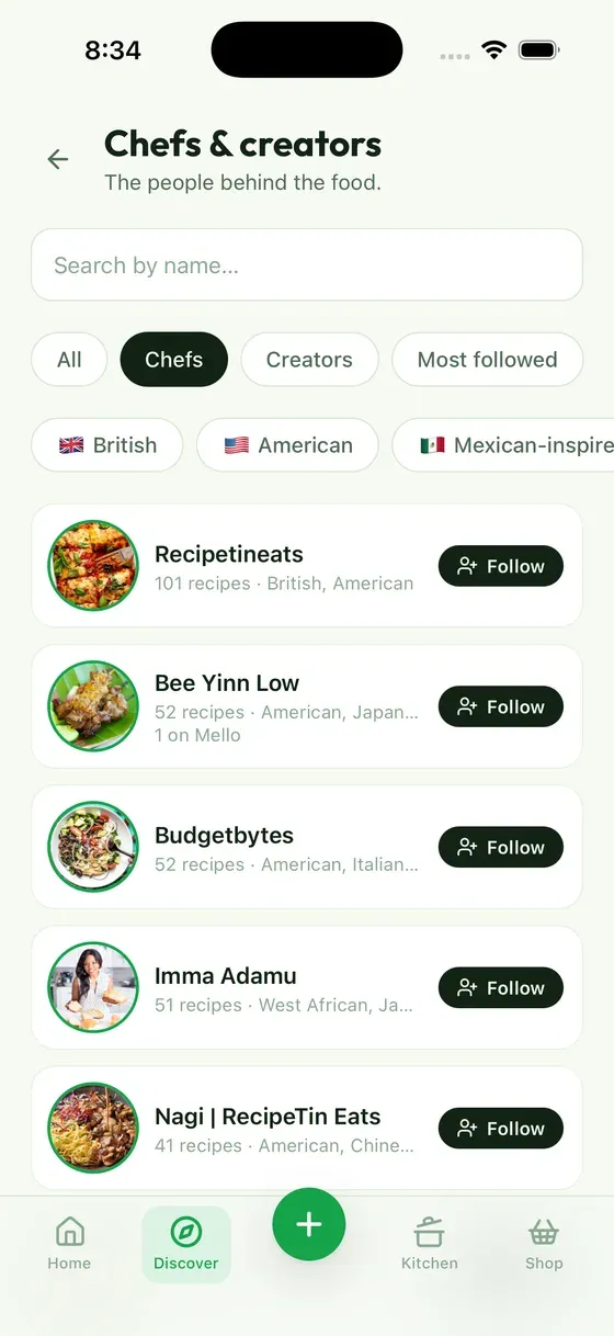 The Chefs and creators screen in Mello, listing chefs with their recipe counts and cuisines