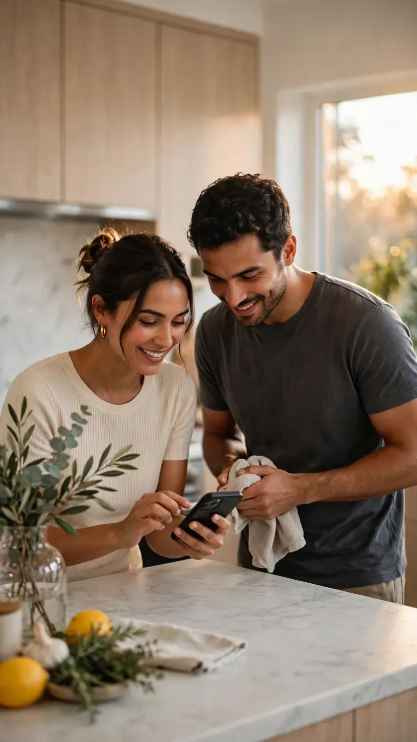 Two people looking at a recipe on a phone in their kitchen