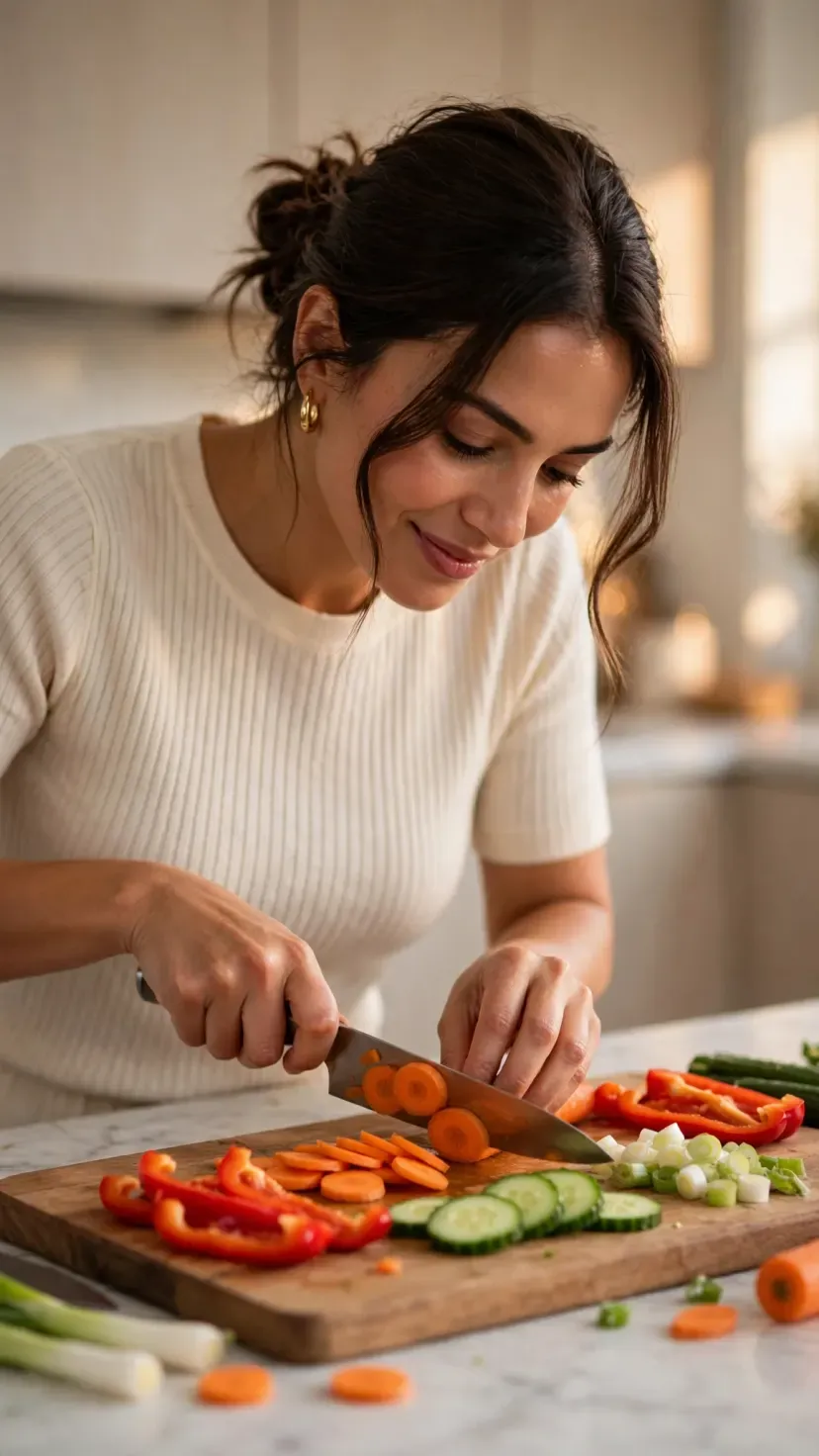 Slicing vegetables on a kitchen counter