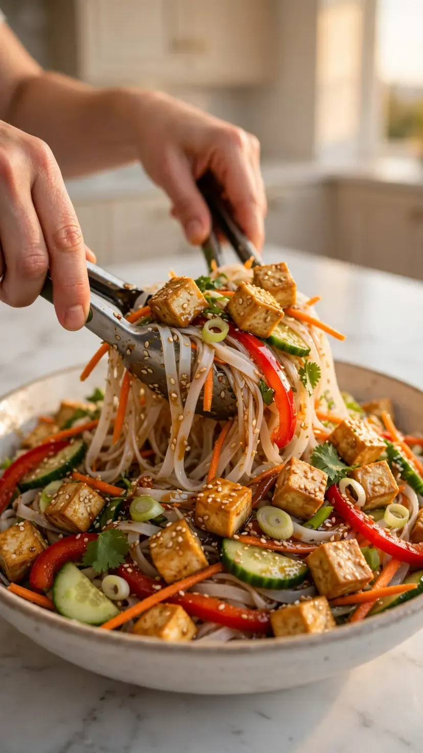 A bright noodle salad being tossed