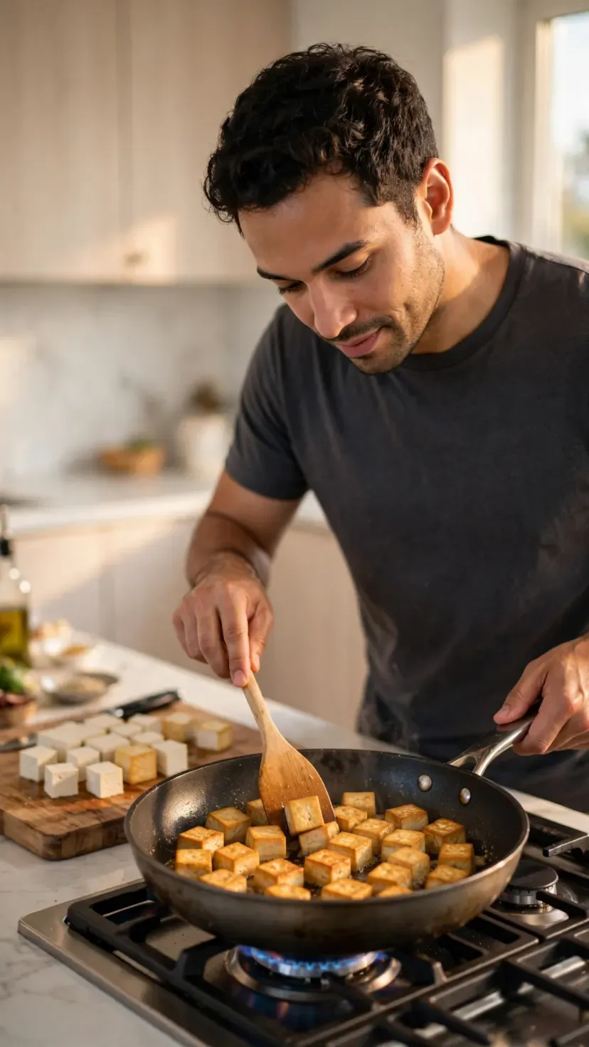 A cook finishing a dish at the stove