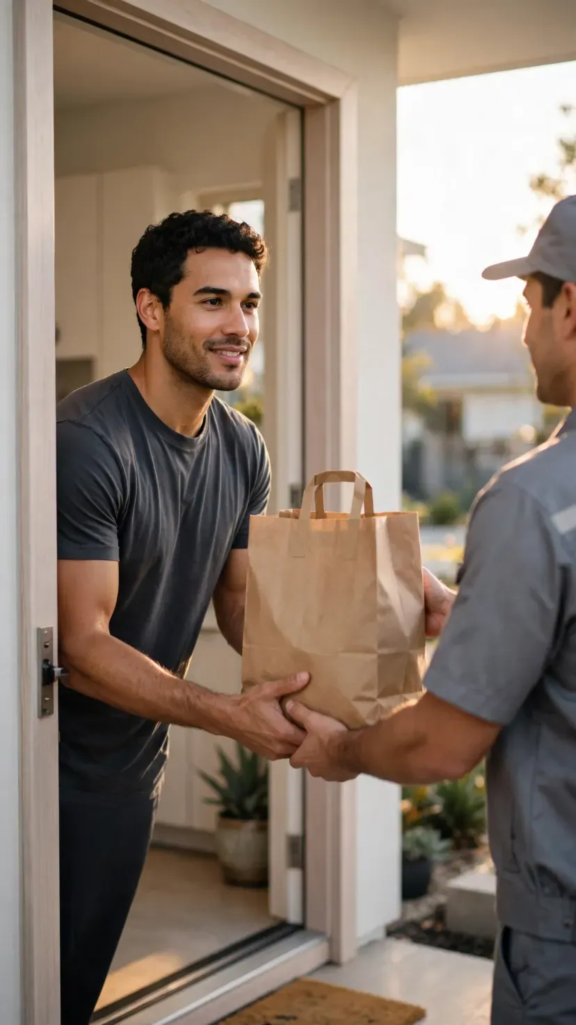 Receiving a bag of groceries at the front door